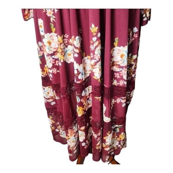 Burgundy Cherry Maroon Floral Fall Maxi Dress w/ Lace 3X Boho Chic Cottagecore - Picture 3 of 12